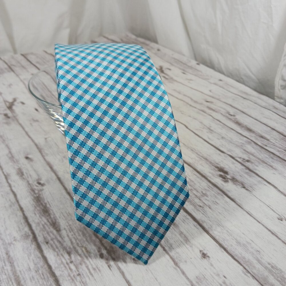 IZOD Men's Neck Tie Polyester Gingham Check Light Blue Gray White 58x3.25"
